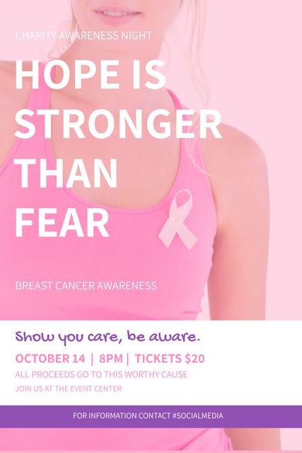 Advertises a breast cancer awareness charity event featuring a pink ribbon and the slogan 'Hope is Stronger Than Fear'. The event details include date, time, and ticket price. Suitable for promoting fundraising events, encouraging community participation, and spreading awareness about breast cancer. Perfect for social media posts, event invitations, and charity campaigns.