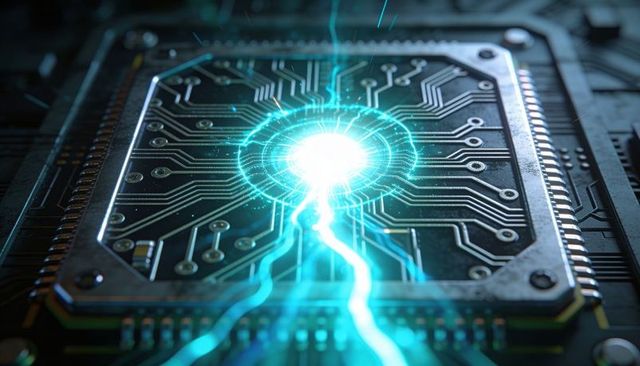 Pulsing Microchip Core Emitting Cyan Electric Arcs on Metal-Framed Circuit Board Closeup