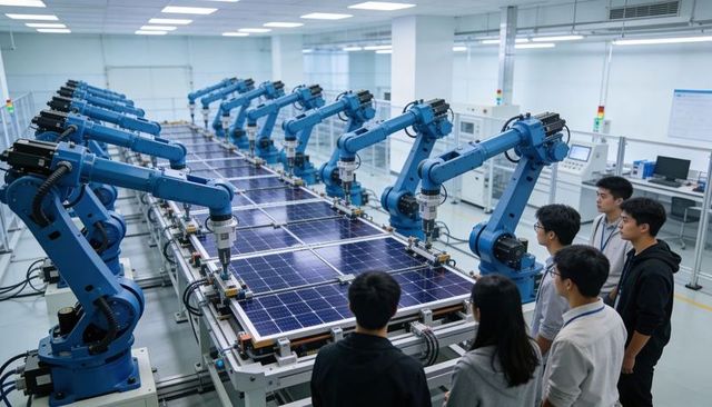 Automated Solar Panel Assembly Line with Blue Robotic Arms and Technician Team in Cleanroom