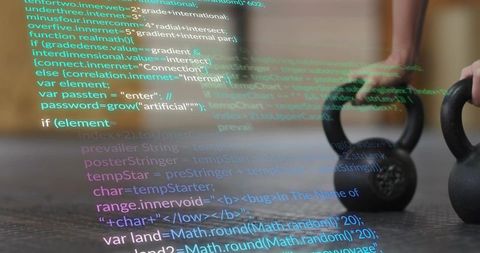 Barefoot woman training with kettlebells on rubber mat wearing shorts with floating code overlay