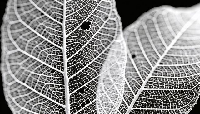 Skeletonized leaves showing lacy veins and delicate lacework on black background