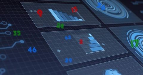 Futuristic translucent data dashboard with animated bar histograms and neon analytics