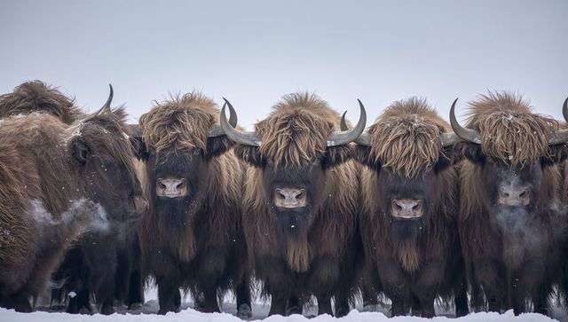 Highland cattle herd standing in snow facing camera with frosty breath and curved horns