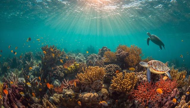 Gliding sea turtle over vibrant coral reef with sun rays filtering turquoise water