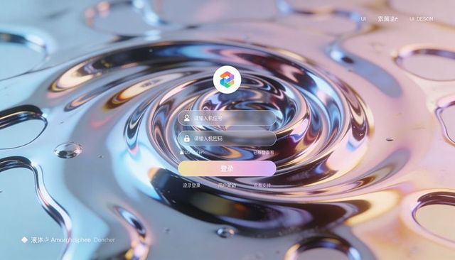 Displaying iridescent metallic vortex login interface with futuristic swirl and sign-in fields
