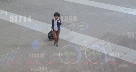 Businesswoman Traveling with Digital Numbers and Charts