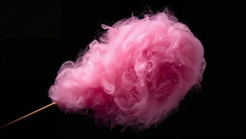 Voluminous pink cotton candy on wooden stick with dramatic rim lighting and fluffy texture