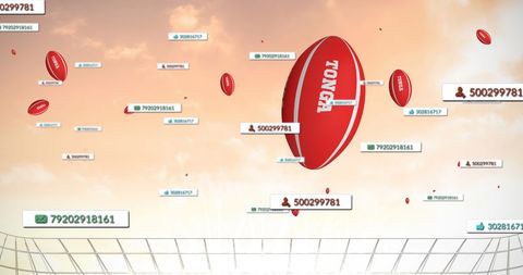 Rugby balls with social media icons at stadium