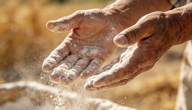 Senior farmer sifting fine flour between weathered hands in sunlit field