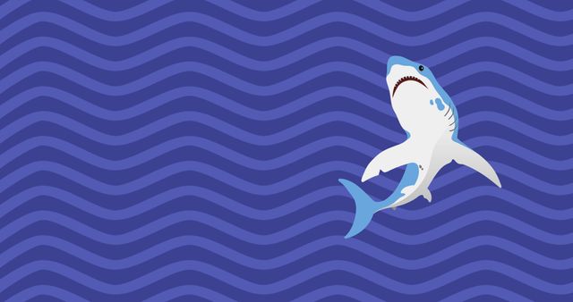 Image features a cartoon shark swimming in a deep blue ocean with stylized wave patterns. The playful design is ideal for children's books, educational materials about marine life, cartoon animations, and playful graphic design projects. It can also be used for ocean-themed party decorations, nursery wall art, and environmental awareness campaigns.
