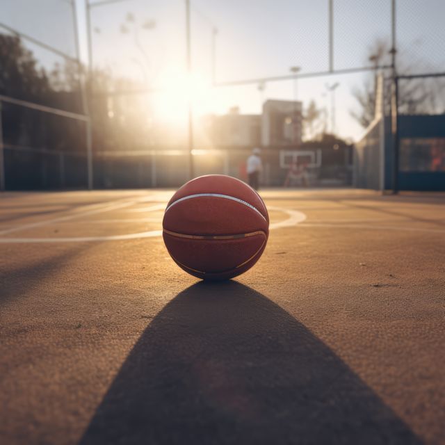 Focusing on a lone basketball on an outdoor court during sunset with long shadows. Suitable for use in sports advertisements, recreational activities promotion, fitness, and health campaigns. Perfect for illustrating themes of practice, sportsmanship, and outdoor activities.