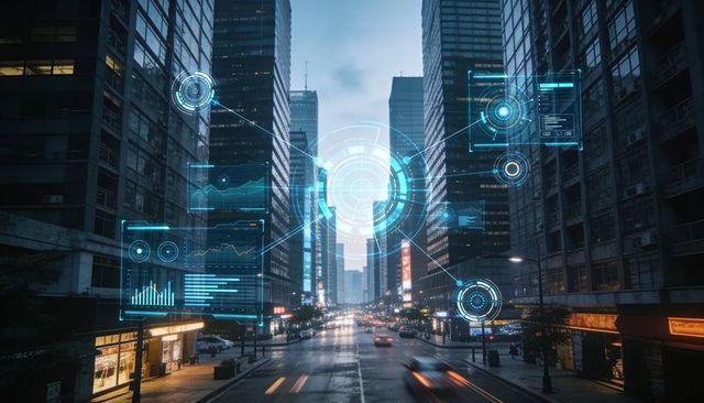 Holographic urban network overlay on rainy city street with futuristic data visualizations