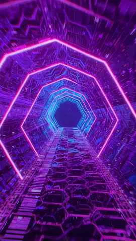 Neon Hexagon Tunnel Gliding Revealing Pulsing Cyberpunk Rings Futuristic Vertical Loop