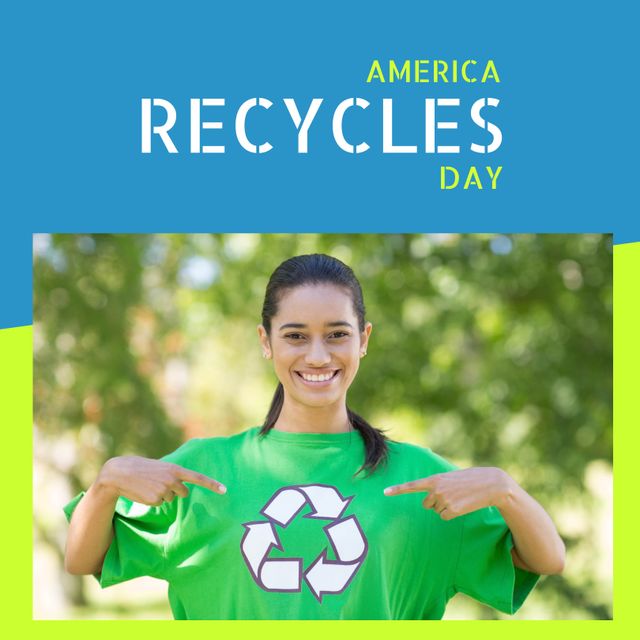 Ideal for promoting environmental awareness and recycling events, this image features a smiling woman pointing to a recycling symbol on her t-shirt. Used for campaigns, educational materials, and eco-friendly promotions.