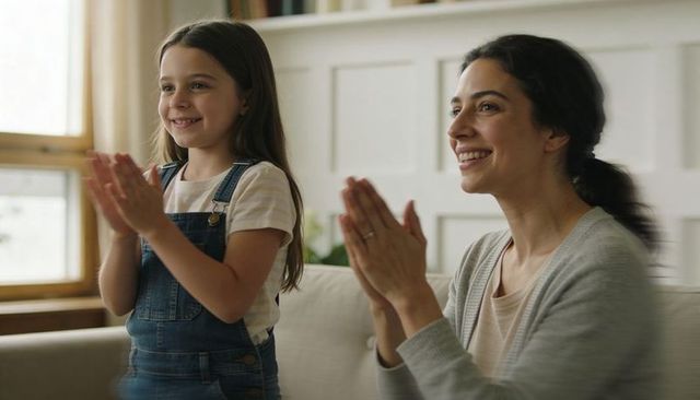 Mother and daughter clapping together in sunlit living room, joyful family bonding moment