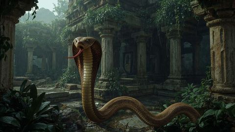Mysterious king cobra in ancient temple ruins