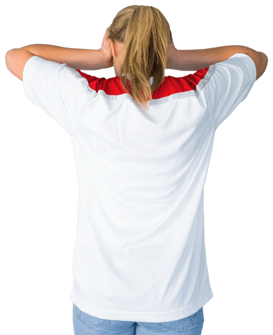 Disappointed football fan wearing transparent jersey and red accent