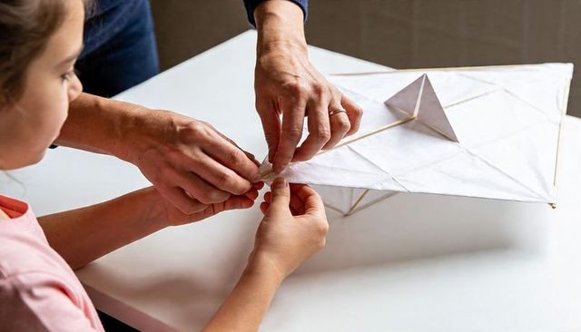 Caregiver and Child Assembling Handmade Kite Using Tape and Bamboo Frame on Table