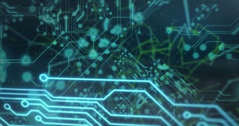 Futuristic glowing circuit traces in digital network