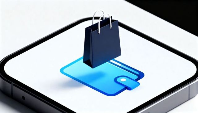 Dark blue shopping bag hovering above smartphone wallet icon representing mobile payments