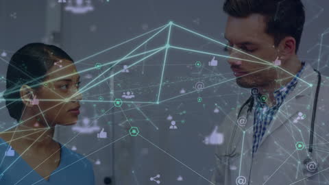 Medical Professionals Discussing with Digital Network Overlay