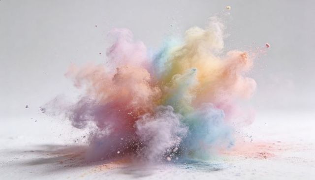 Bursting pastel powder explosion creating billowing color plumes and dust particles