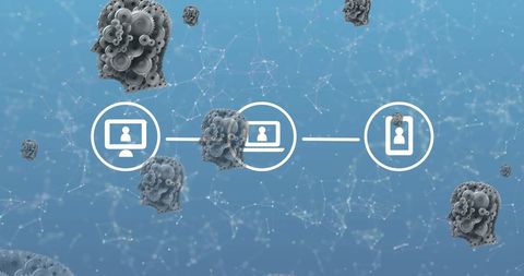 Human heads and digital icons with network connections