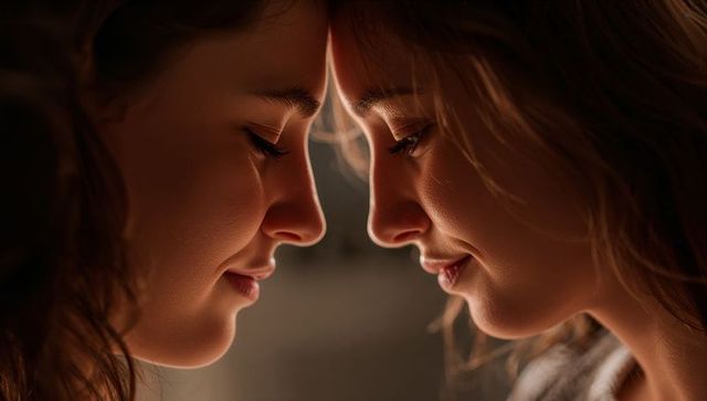 Two women leaning foreheads sharing tender intimate moment with warm rim lighting