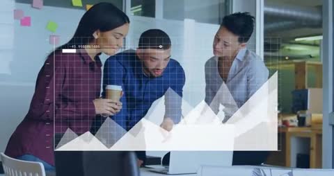 Business Team Analyzing Data on Laptop with Chart Overlay Highlighting Growth