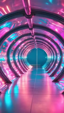 Gliding Through Futuristic Neon Tunnel Toward Glowing Portal | Vertical Cyberpunk Video