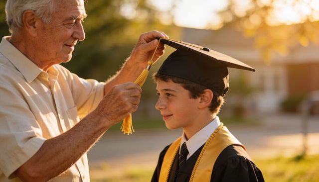 Grandfather adjusting grandson graduation cap tassel during golden hour family celebration smiling