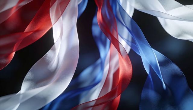 Flowing red white blue silk ribbons twisting sheer satin layers abstract patriotic design