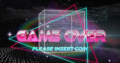 Retro Game Over Screen with Neon Lights and Digital Elements