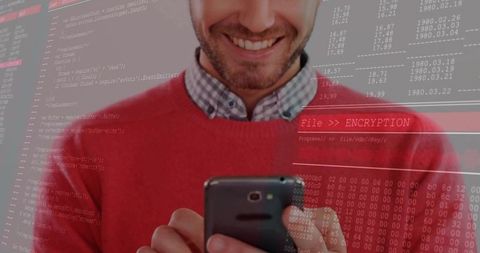 Smiling Developer Holding Smartphone with Encryption Code Overlay