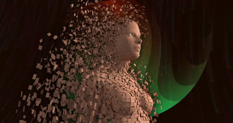 Exploding Digital Female Figure in Futuristic Setting