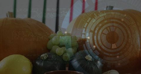 Autumn harvest still life featuring pumpkins, grapes and futuristic hud overlay