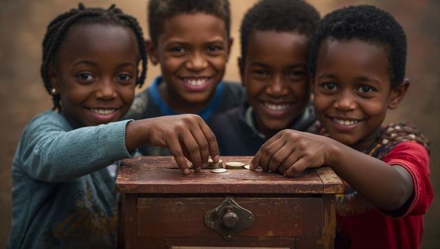 Smiling children sharing coins on vintage wooden chest in outdoor courtyard