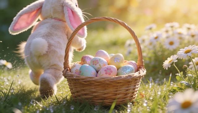 Pastel easter egg basket with plush bunny in dewy daisy meadow at golden morning light