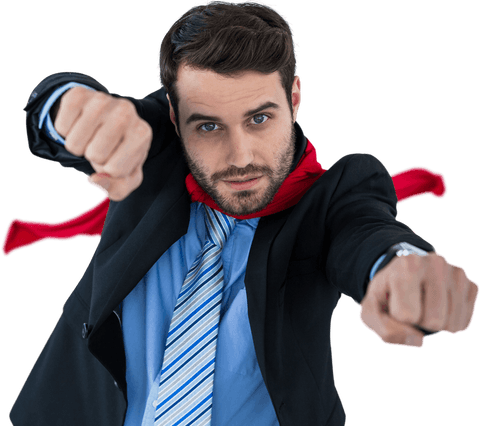 Transparent attitude: businessman pretending to be superhero