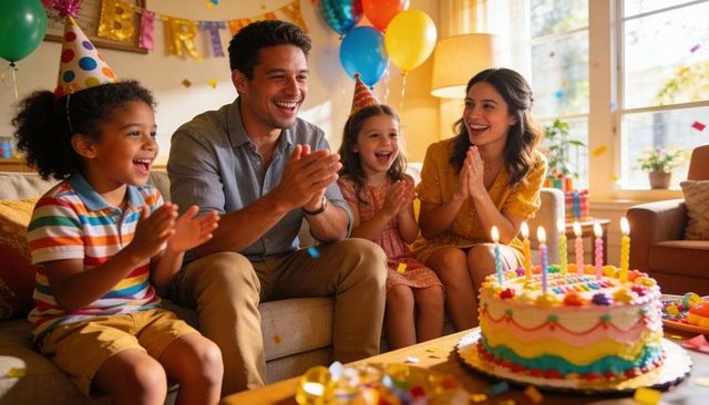 Family Celebrating Child Birthday at Home, Clapping Around Colorful Cake with Candles