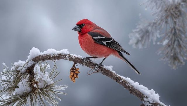 Vibrant red songbird perching on snow-dusted conifer branch with pine cone