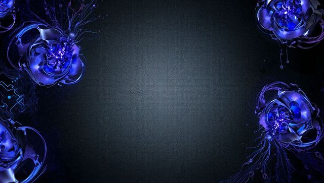 Dark textured panel framed by glossy blue biomorphic motifs and circuit tendrils futuristic
