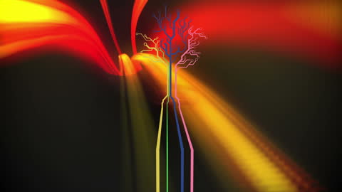 Abstract Tree Silhouette Over Glowing Lines