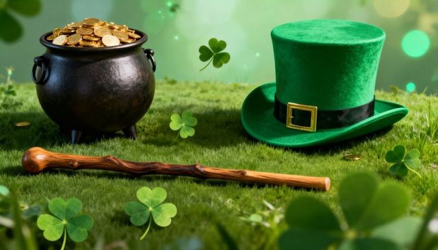 St Patrick Treasure on Lush Grass with Gold Coins, Green Velvet Top Hat and Wand