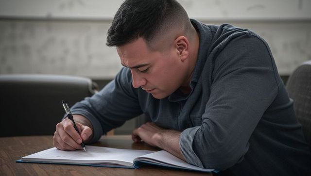 Hispanic man leaning and writing in notebook at wooden table, studying and concentrating