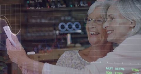 Senior Women Taking Selfie Home Living Room Stock Data Overlay