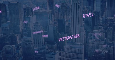 Digital numbers overlay on urban cityscape representing data flow