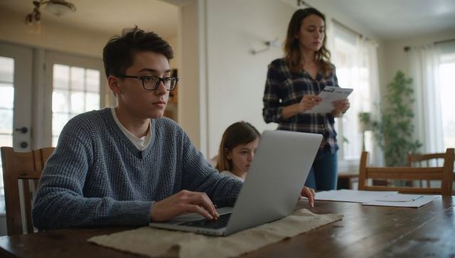 Teenager Studying on Laptop at Dining Table While Parent Reviewing Mail and Managing Bills