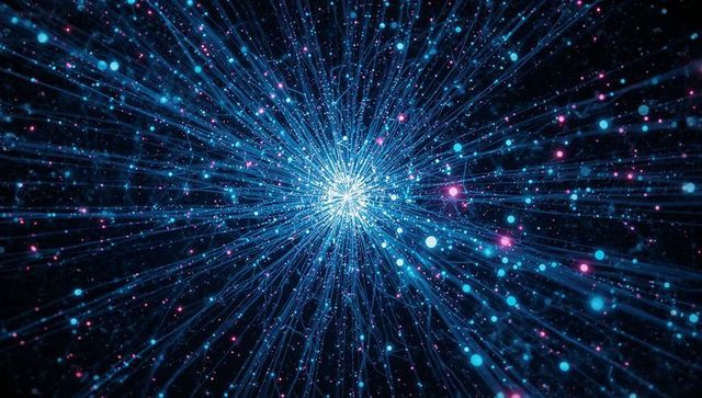 Radiating cyan core sending light streaks through digital space with neon particles