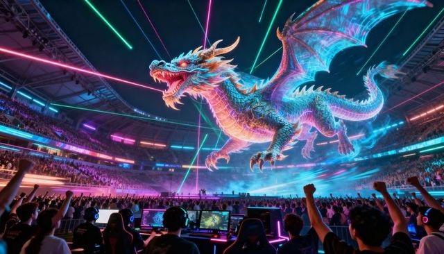 Neon holographic dragon soaring over packed esports arena with cheering gamers